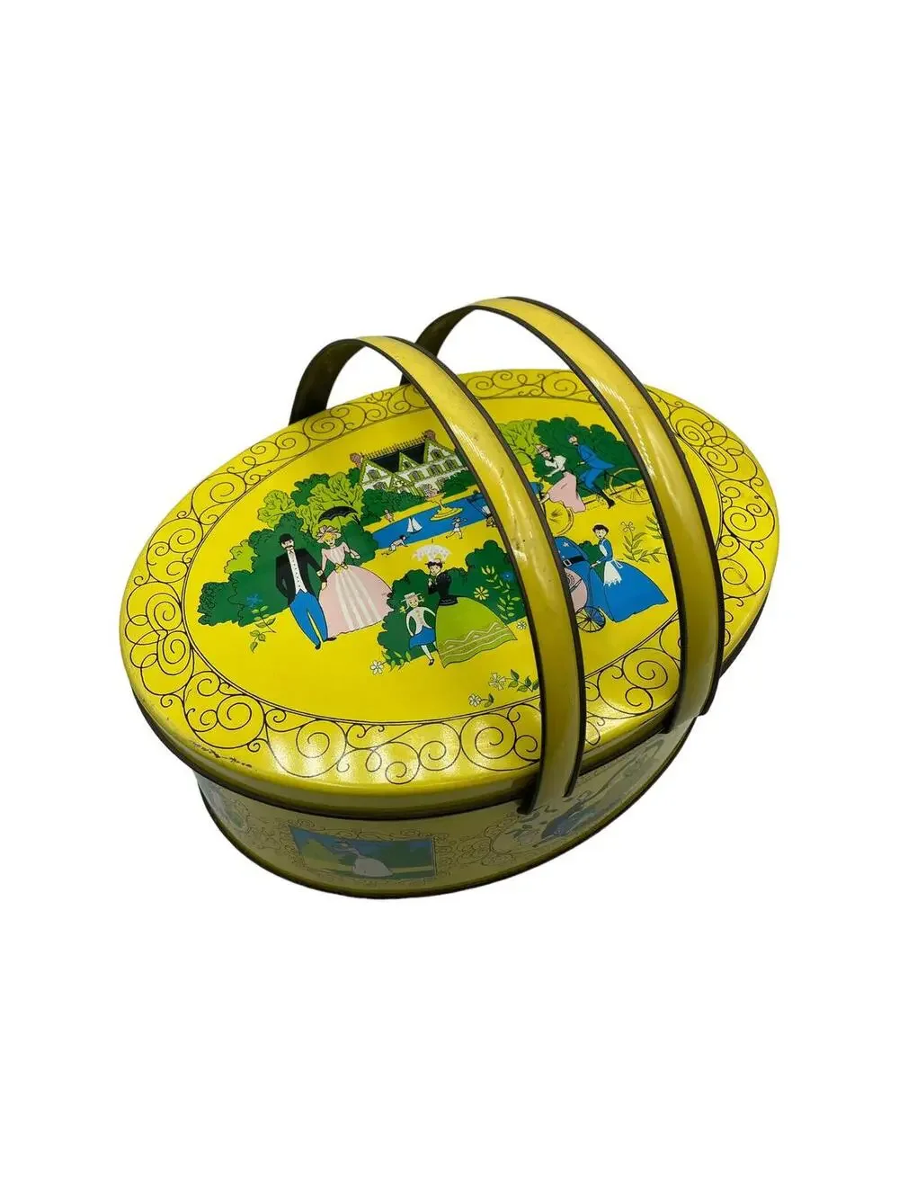 Vintage Yellow Tin Box: Victorian Couples Design, Farmhouse Storage